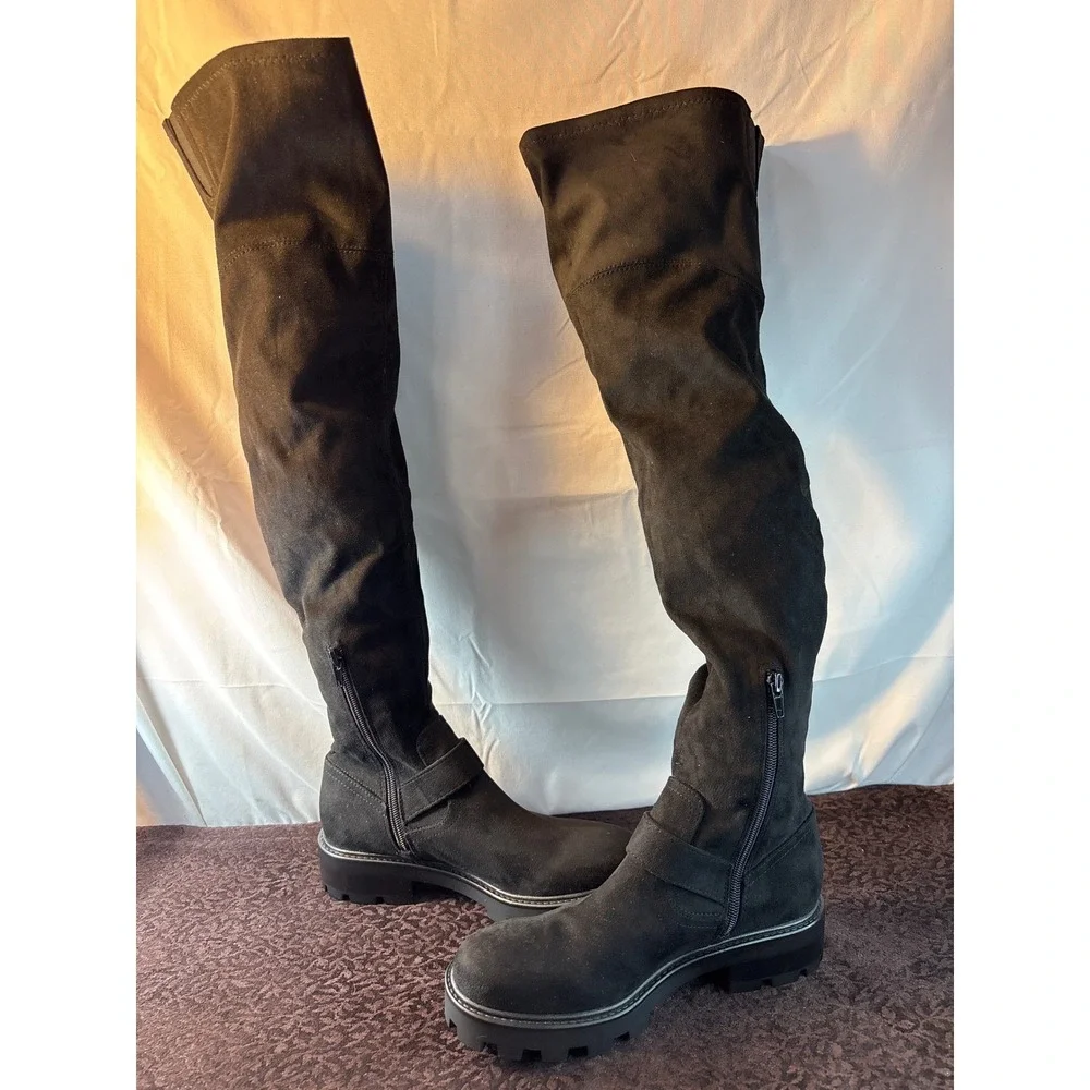 Nine West Womens Black Faux Suede Over The Knee Lug Sole Buckle Boots Size 7M